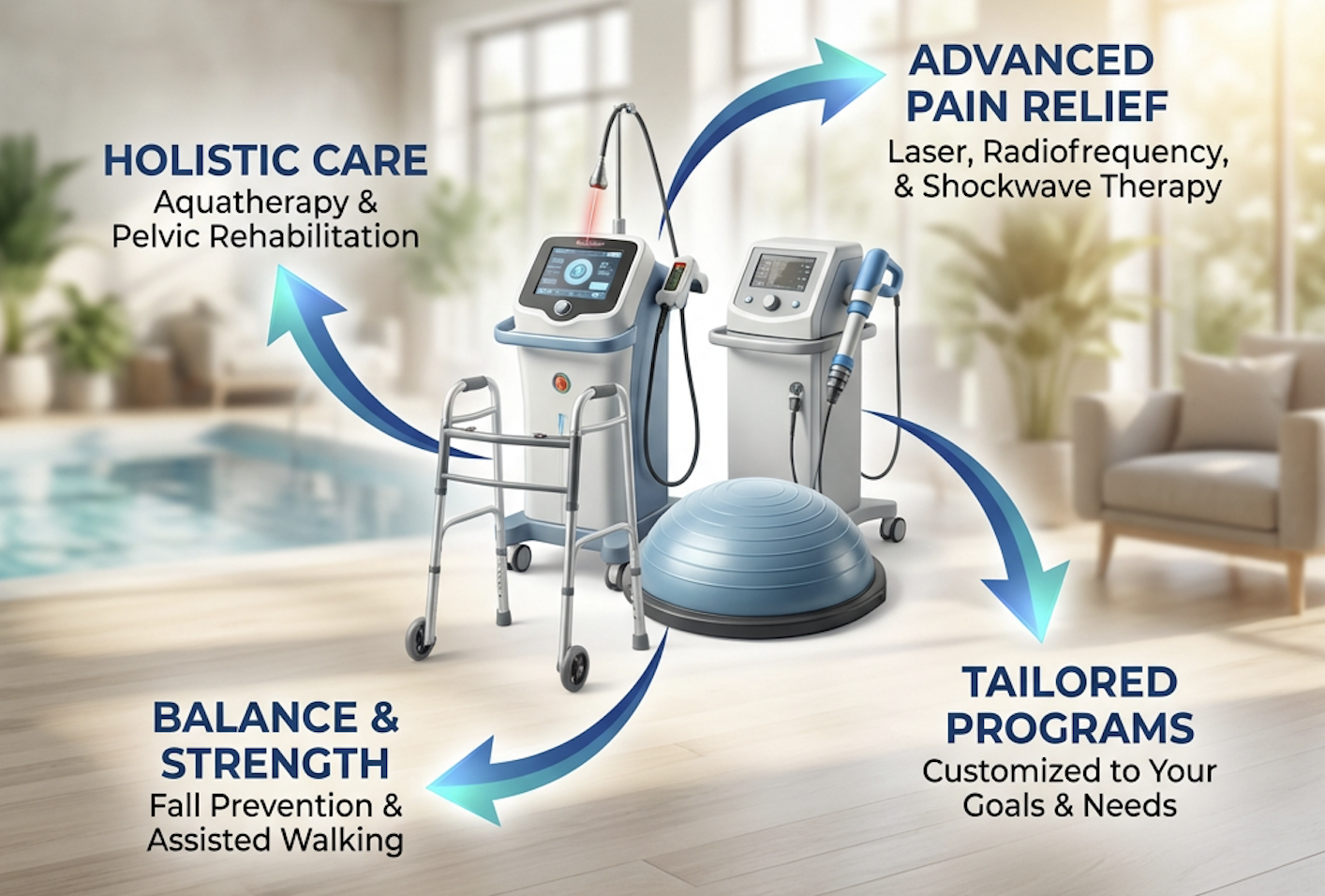 Geriatric rehabilitation equipment including balance training, joint-friendly strengthening, and mobility aids